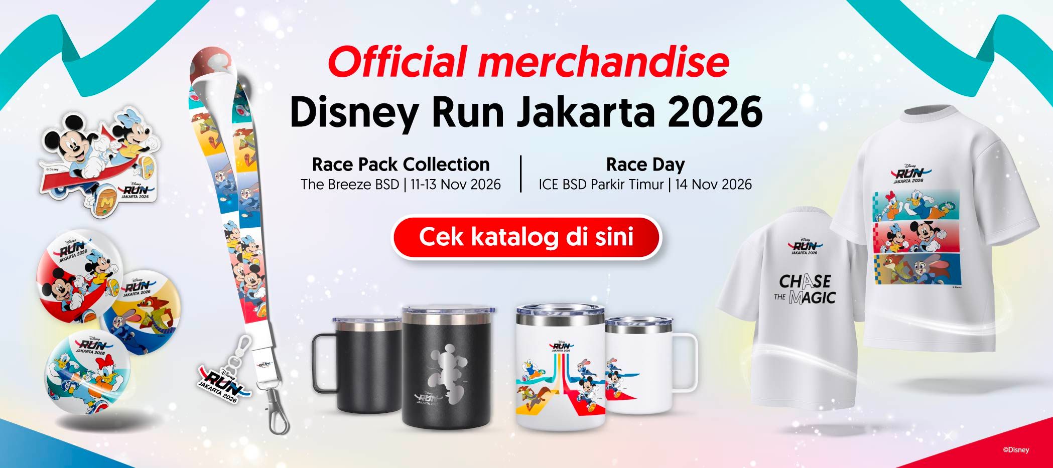 Koleksi merchandise resmi Disney Run 2026 — jersey, topi, tas, dan medali dengan karakter Disney