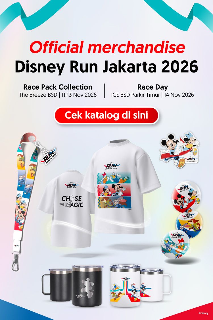 Koleksi merchandise resmi Disney Run 2026 — jersey, topi, tas, dan medali dengan karakter Disney